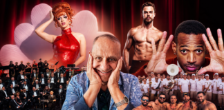 Promotional collage for a live show featuring a central host in a blue patterned shirt, a red-dressed drag performer on the left, and a muscular shirtless star on the right, with a full orchestra on the left and a large group of dancers at the bottom against a red curtain.