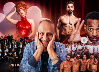 What’s Hot South Florida: July 31 – August 13 Promotional collage for a live show featuring a central host in a blue patterned shirt, a red-dressed drag performer on the left, and a muscular shirtless star on the right, with a full orchestra on the left and a large group of dancers at the bottom against a red curtain.