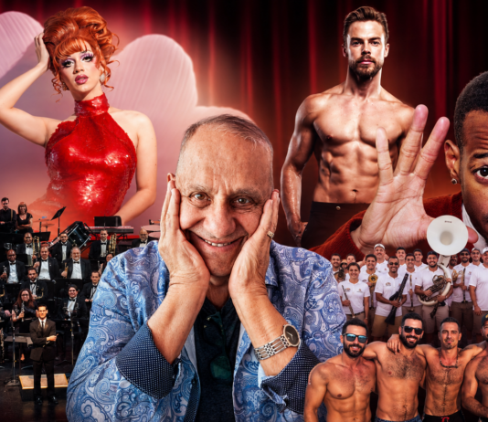 What’s Hot South Florida: July 31 – August 13 Promotional collage for a live show featuring a central host in a blue patterned shirt, a red-dressed drag performer on the left, and a muscular shirtless star on the right, with a full orchestra on the left and a large group of dancers at the bottom against a red curtain.