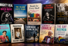 LGBTQ+ Reads for Every Shelf Row of colorful book covers about LGBTQ+ history on a wooden shelf, foregrounded with bold titles and photos in a studio setting.