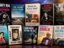 Row of colorful book covers about LGBTQ+ history on a wooden shelf, foregrounded with bold titles and photos in a studio setting.