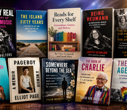 Row of colorful book covers about LGBTQ+ history on a wooden shelf, foregrounded with bold titles and photos in a studio setting.