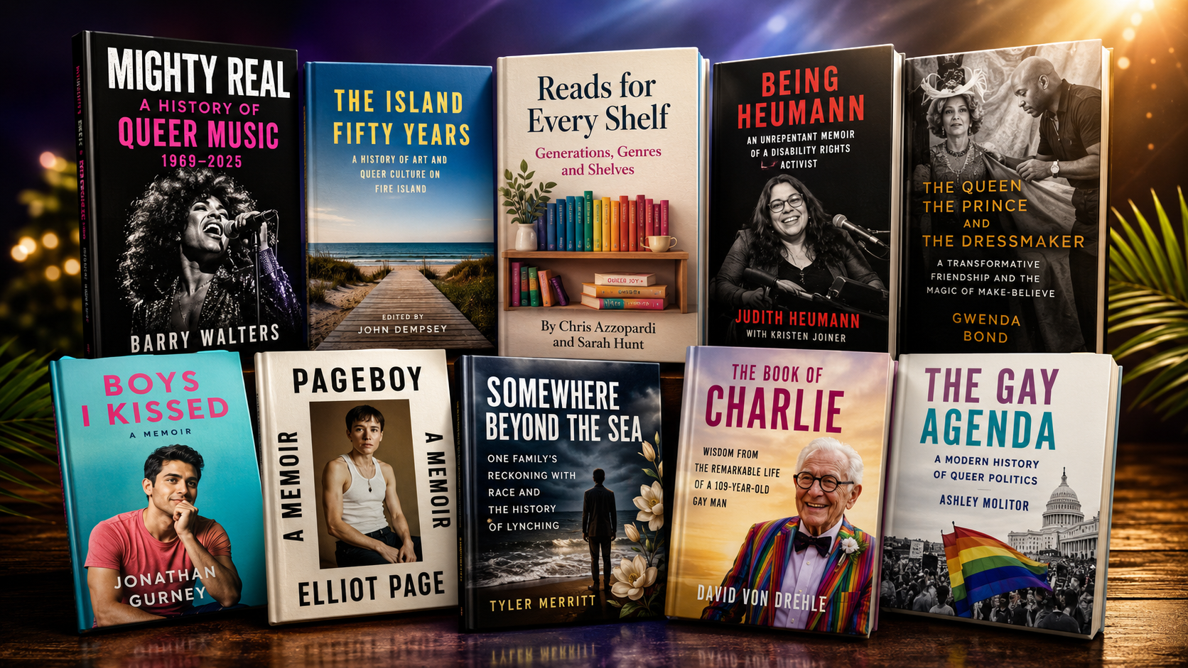 Generated image 1 9 Row of colorful book covers about LGBTQ+ history on a wooden shelf, foregrounded with bold titles and photos in a studio setting.