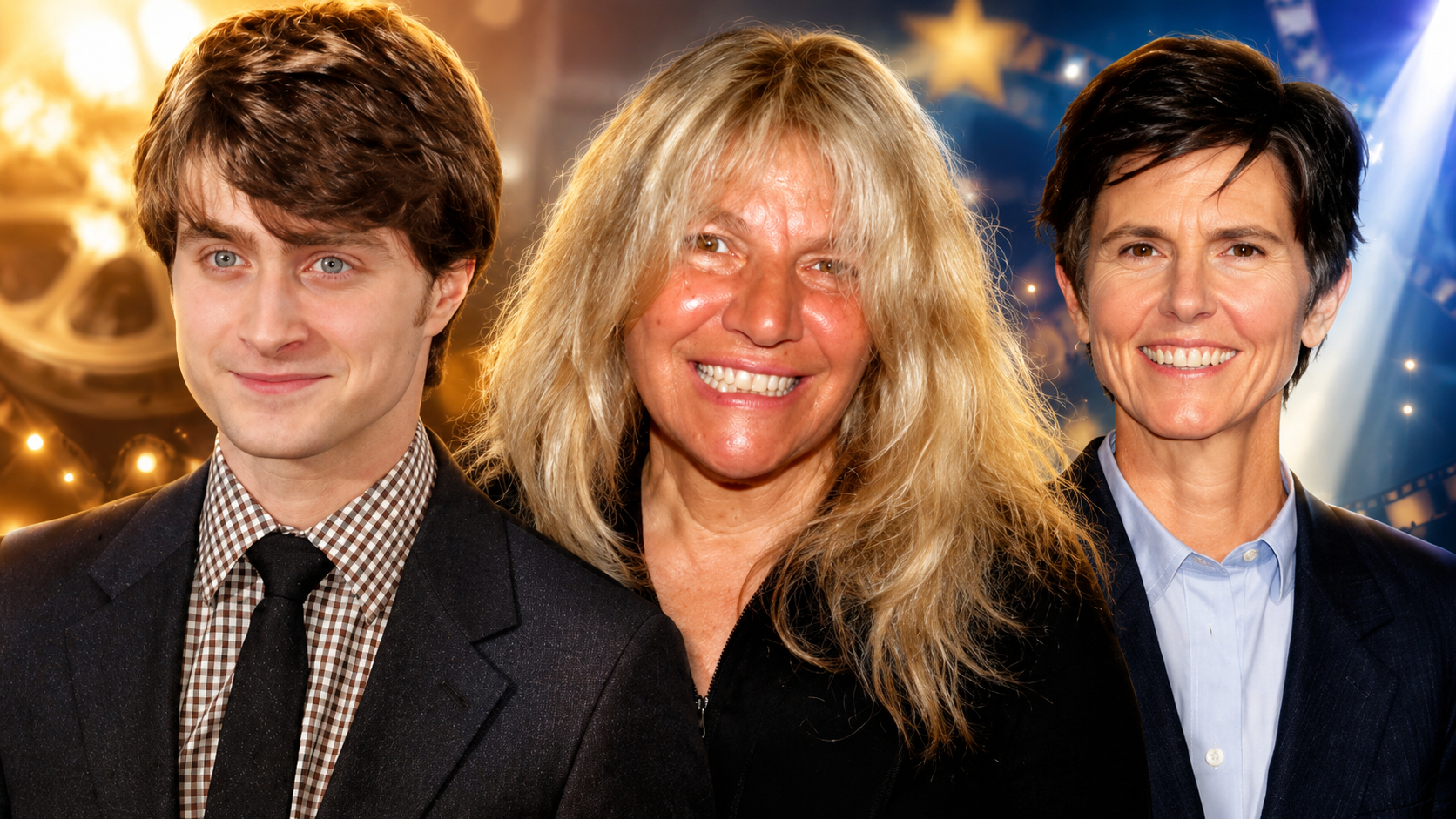Generated image 1 Three smiling adults posing for a group photo at an event, standing close together against a festive background.