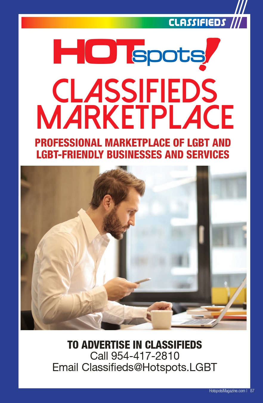 Poster for HOTspots Classifieds Marketplace with rainbow header; man in a white shirt using a laptop at a desk.