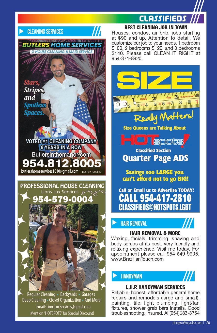 Colorful classified page with multiple ads: cleaning services, 'SIZE' ad, hair removal, and handyman; left column shows a man in white holding an American flag alongside a shirtless man photo.