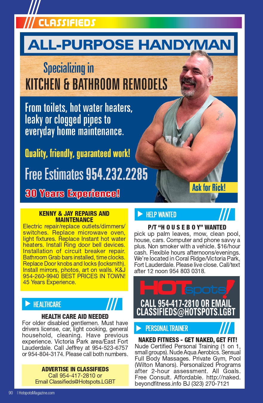 All-purpose handyman ad with a smiling man promoting kitchen and bathroom remodels, plus contact info and 'Ask for Rick'.