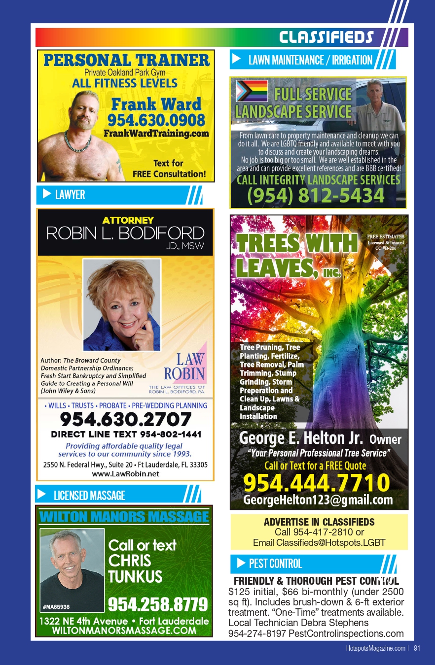 Colorful classifieds page with six ads: fitness trainer, lawn service, attorney, tree service, massage, and pest control on a blue-bordered layout.