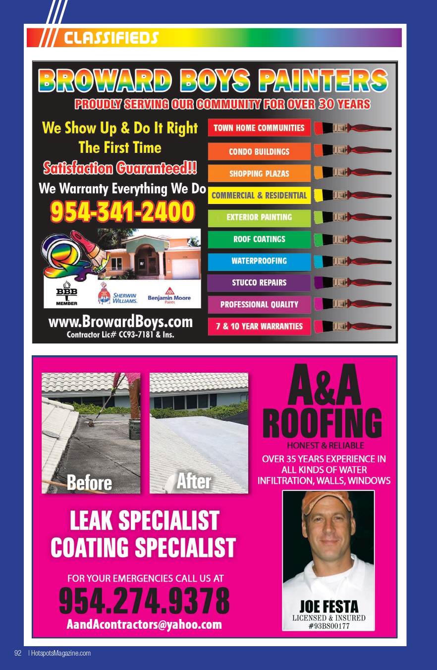 Double ad page: Broward Boys Painters at top with a colorful banner, service list and phone number; below, A&A Roofing ad with before/after roof photos and contact info.