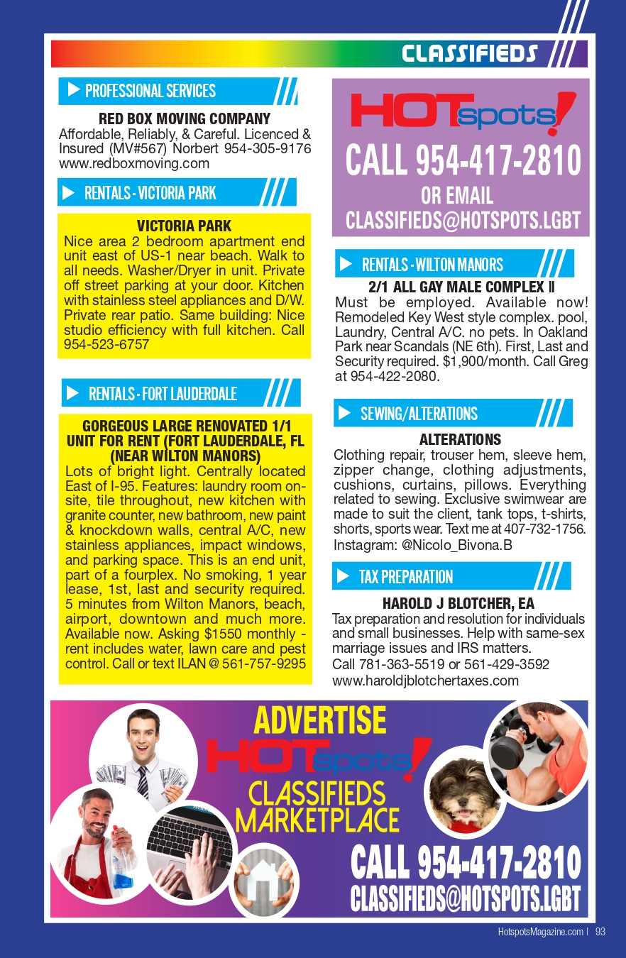 Full page of classifieds with a blue border, rainbow header, two-column listings for services and rentals, and large HOTspots ad banners.