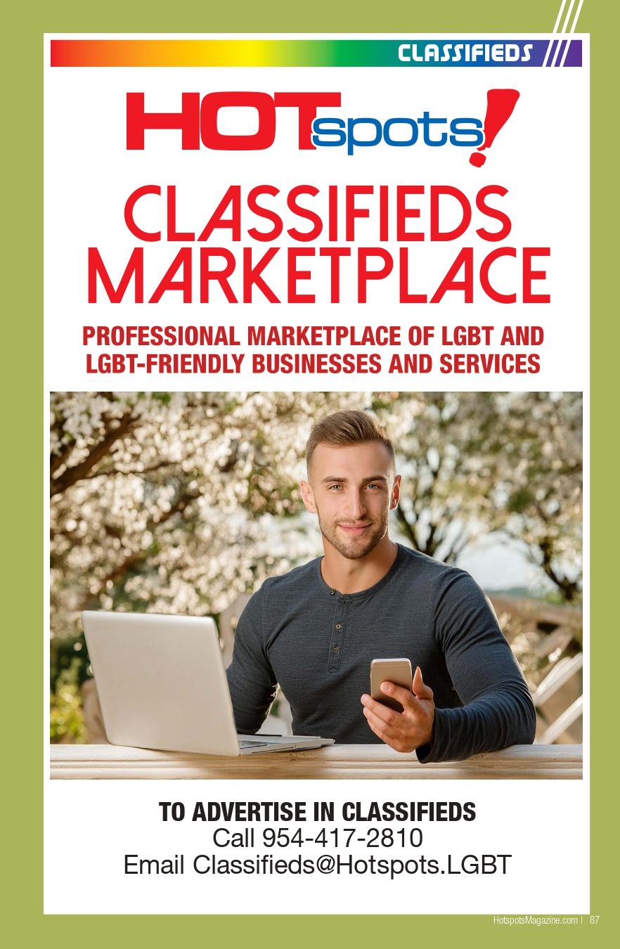 Magazine ad cover for HOTspots Classifieds Marketplace with a man using a laptop and phone outdoors.