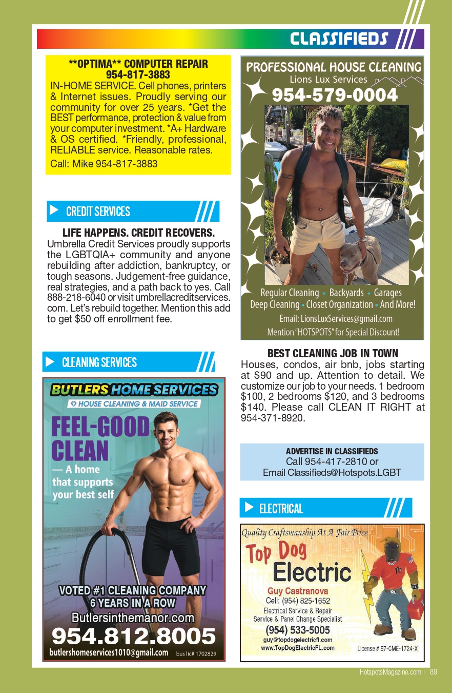 Classifieds page with multiple ads: yellow Optima Computer Repair block, blue Credit Services section, left bottom ‘Butlers Home Services’ ad showing a muscular man, right column professional house cleaning ad with a man on a boat, and an electrical services ad with a cartoon dog, plus an “Advertise in Classifieds” box.