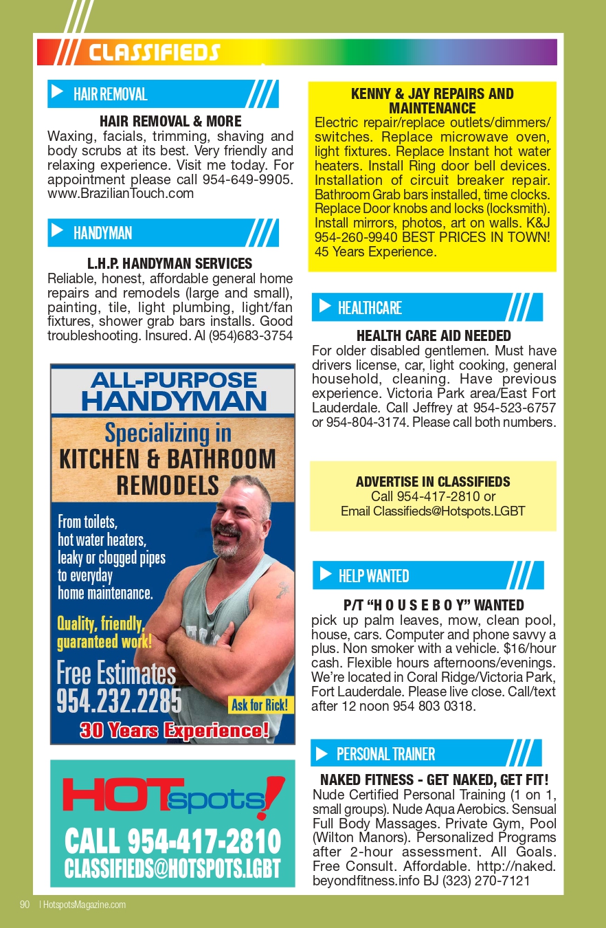 Classifieds page layout featuring blue hair/removal and handyman sections, a yellow repairs block, and ads on a green background.