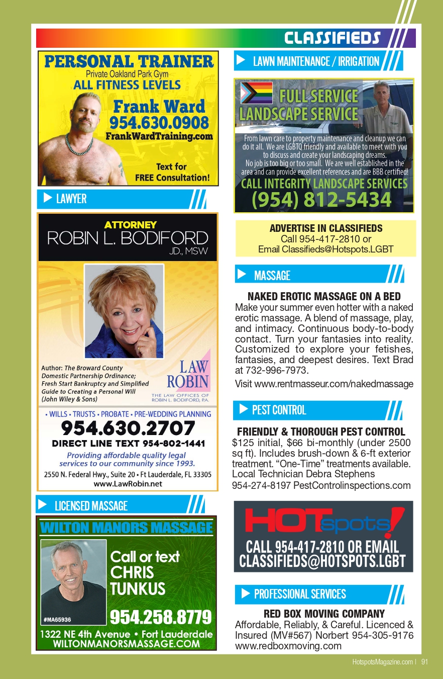 Colorful classified ads page with multiple blocks: personal trainer, attorney, lawn care, massage, pest control, and professional services on a lime green background labeled Classifieds at the top right.