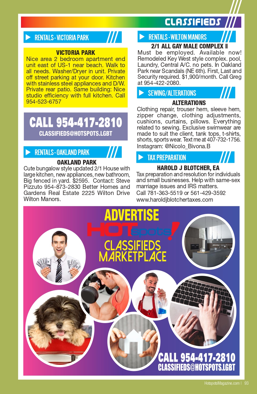 Classifieds page layout: multiple small rental ads and service listings in colored banners, plus a large bottom ad for HOTspots classifieds marketplace with circular photos.