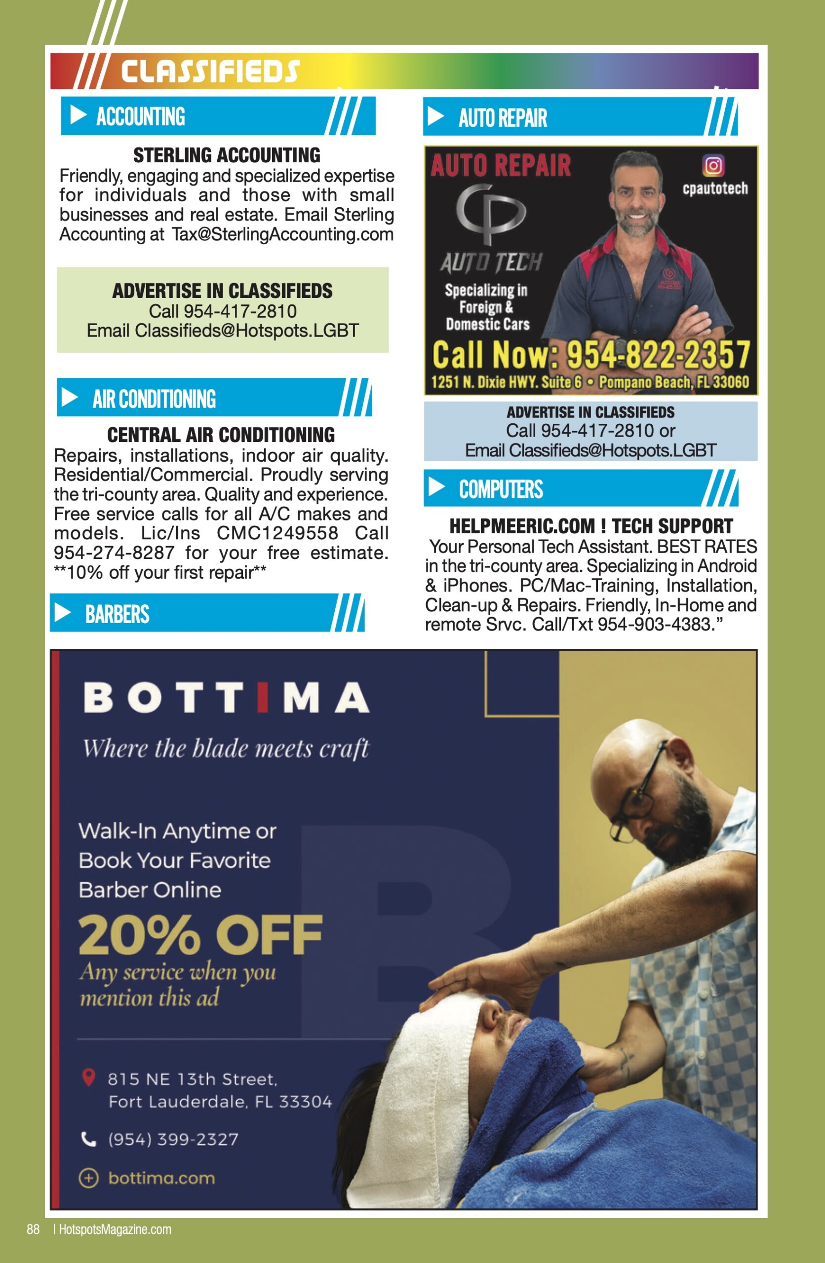 Classifieds page layout with blue category headers; left column lists Accounting and Air Conditioning, right column features Auto Repair ad with a man and contact number.