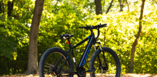 Black mountain bike parked on a sunlit path with green, leafy trees in the background.