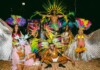 Group of carnival dancers in bright feathered costumes posing on a brick-paved ground at night, with a muscular dancer elevated above the crowd in the center.