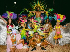 Group of carnival dancers in bright feathered costumes posing on a brick-paved ground at night, with a muscular dancer elevated above the crowd in the center.