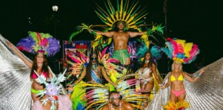 Group of carnival dancers in bright feathered costumes posing on a brick-paved ground at night, with a muscular dancer elevated above the crowd in the center.