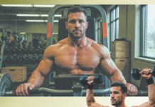 Muscular man shirtless using a dumbbell press machine in a gym, with another lifter and weights in the background.