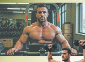 Muscular man shirtless using a dumbbell press machine in a gym, with another lifter and weights in the background.