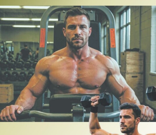 Muscular man shirtless using a dumbbell press machine in a gym, with another lifter and weights in the background.