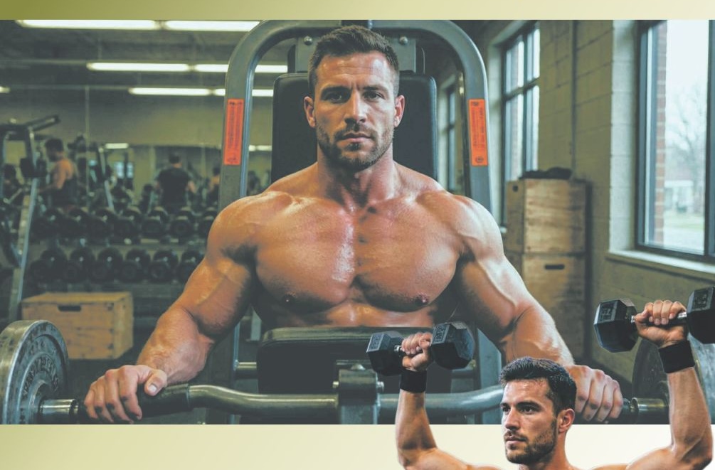 SM_Feature_Hot Bodies 4115 Muscular man shirtless using a dumbbell press machine in a gym, with another lifter and weights in the background.