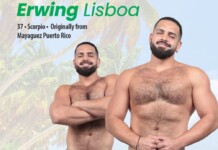 Poster-style image of two muscular men in swim briefs on a sunny tropical beach with palm trees; large green text reads 'Erwing Lisboa' with smaller black lines listing origin details.