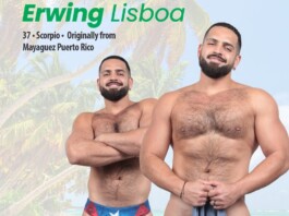 Hotspots Hotties: Erwing Lisboa Poster-style image of two muscular men in swim briefs on a sunny tropical beach with palm trees; large green text reads 'Erwing Lisboa' with smaller black lines listing origin details.