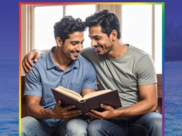 LGBTQ+ Reads for Every Shelf Two men sit closely together, smiling, as they read a book aloud to each other indoors.