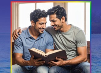 Two men sit closely together, smiling, as they read a book aloud to each other indoors.