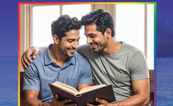 LGBTQ+ Reads for Every Shelf Two men sit closely together, smiling, as they read a book aloud to each other indoors.