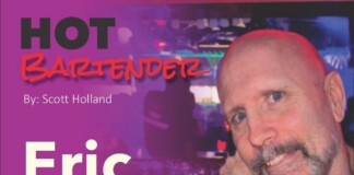 Hot Bartender: Eric Brano Poster for 'HOT BARTENDER' featuring Eric Brano; by Scott Holland, with a man in a bar posing with a drink in the foreground.
