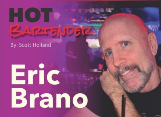 Hot Bartender: Eric Brano Poster for 'HOT BARTENDER' featuring Eric Brano; by Scott Holland, with a man in a bar posing with a drink in the foreground.