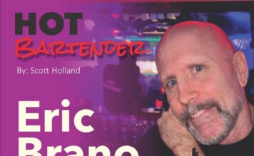 Poster for 'HOT BARTENDER' featuring Eric Brano; by Scott Holland, with a man in a bar posing with a drink in the foreground.