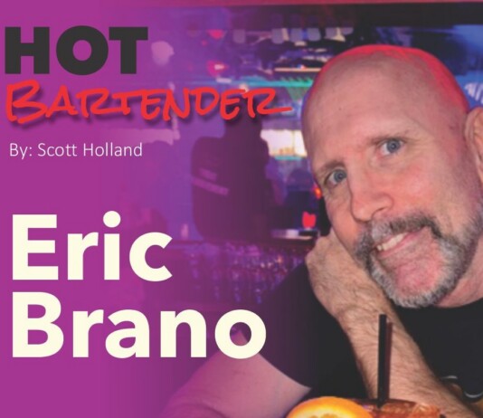 Poster for 'HOT BARTENDER' featuring Eric Brano; by Scott Holland, with a man in a bar posing with a drink in the foreground.