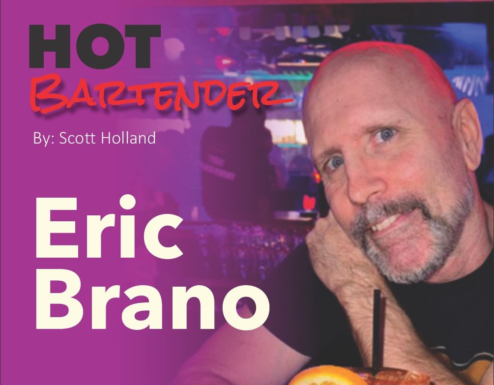 SM_Hot Bartender 4115 Poster for 'HOT BARTENDER' featuring Eric Brano; by Scott Holland, with a man in a bar posing with a drink in the foreground.