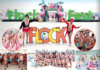 Flockfest 2026: July 9-12; Beach Party July 11 Collage from FlockFest on a sunny beach: large colorful 'FLOCK' letters, inflatable archway reading 'FlockFest', and groups of shirtless attendees posing in swimwear with drinks and smiles.