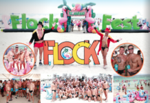 Collage from FlockFest on a sunny beach: large colorful 'FLOCK' letters, inflatable archway reading 'FlockFest', and groups of shirtless attendees posing in swimwear with drinks and smiles.