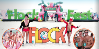 Collage from FlockFest on a sunny beach: large colorful 'FLOCK' letters, inflatable archway reading 'FlockFest', and groups of shirtless attendees posing in swimwear with drinks and smiles.