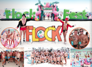 Flockfest 2026: July 9-12; Beach Party July 11 Collage from FlockFest on a sunny beach: large colorful 'FLOCK' letters, inflatable archway reading 'FlockFest', and groups of shirtless attendees posing in swimwear with drinks and smiles.