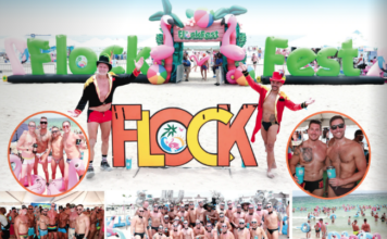 Collage from FlockFest on a sunny beach: large colorful 'FLOCK' letters, inflatable archway reading 'FlockFest', and groups of shirtless attendees posing in swimwear with drinks and smiles.