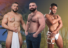 South Florida’s Hottest Bodies: Our Cover Models Three shirtless men posing on a tropical beach; left holds a towel, middle wears jeans, right wears white harness-style underwear.
