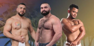 South Florida’s Hottest Bodies: Our Cover Models Three shirtless men posing on a tropical beach; left holds a towel, middle wears jeans, right wears white harness-style underwear.