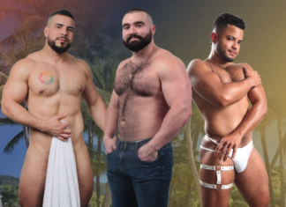 South Florida’s Hottest Bodies: Our Cover Models Three shirtless men posing on a tropical beach; left holds a towel, middle wears jeans, right wears white harness-style underwear.