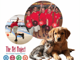 Non-Profit Advocacy: The Pet Project – A Lifeline for People and Pets Collage of a bowling group in red shirts, a cat and a dog in the foreground, and The Pet Project logo in the corner.