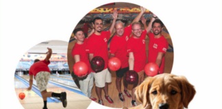 Collage of a bowling group in red shirts, a cat and a dog in the foreground, and The Pet Project logo in the corner.
