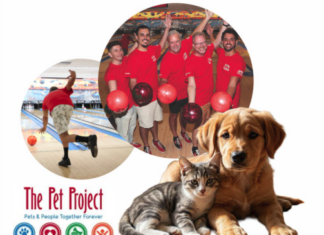 Non-Profit Advocacy: The Pet Project – A Lifeline for People and Pets Collage of a bowling group in red shirts, a cat and a dog in the foreground, and The Pet Project logo in the corner.