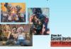 Collage of four artworks (two robotic portraits, an abstract blue figure, and a vintage laughing family scene) with a Fine Art Custom Framing logo in the corner.